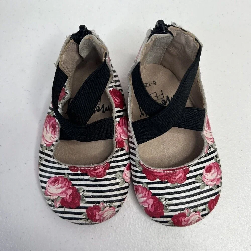 Monkey‎ Feet Size 6-12 Months Leather Ballet Flats Strappy Striped Floral Zip